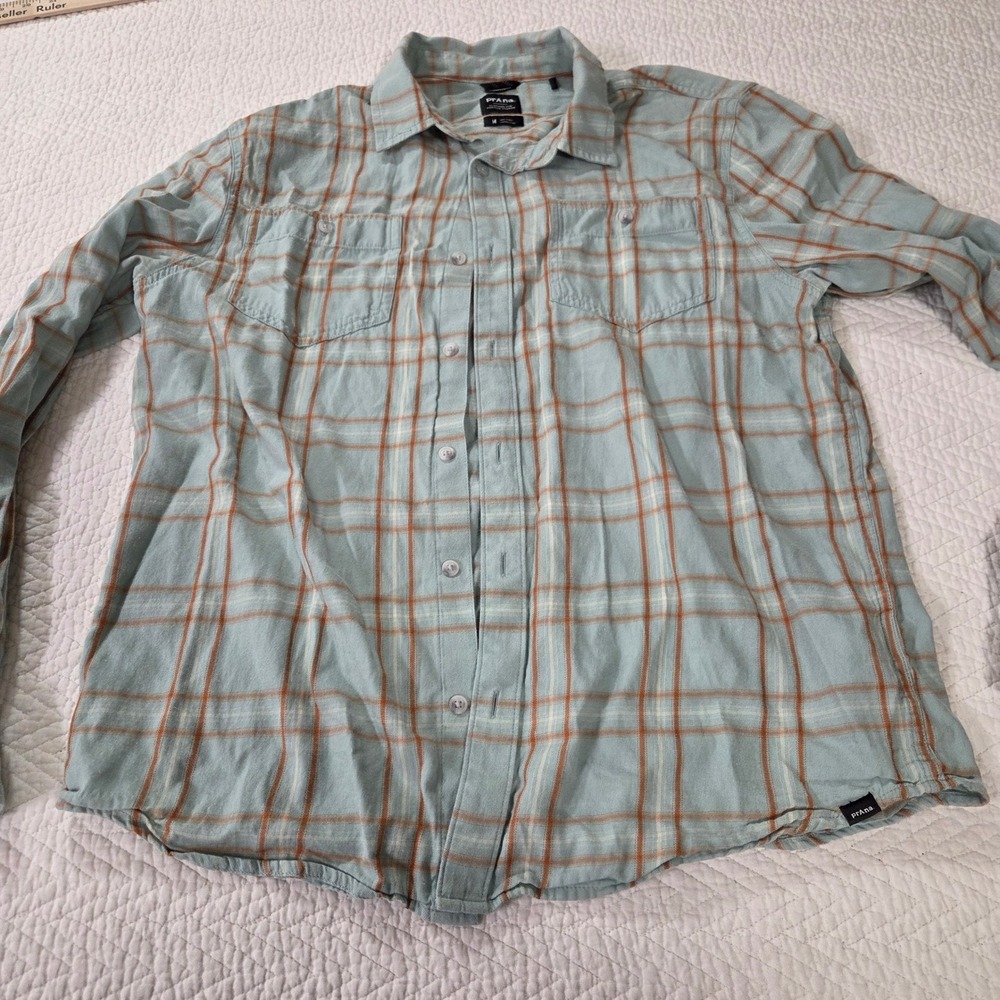 prAna Mens Plaid Flannel Shirt Medium Blue Orange Organic Cotton Standard Fit